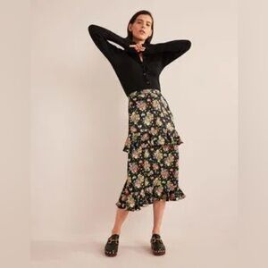 BODEN Satin Ruffle Floral Midi Skirt- New